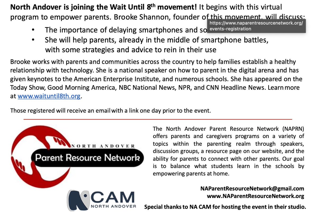 NAMiddle's tweet image. Registration is open!

Wait Until 8th Program - Free Virtual Event
Wednesday, 1/22/25 at 7:00 pm
REGISTER: NAParentResourceNetwork.org
Brooke Shannon, founder of this movement, will discuss the importance of delaying smartphones and social media.
Learn more at waituntil8th.org