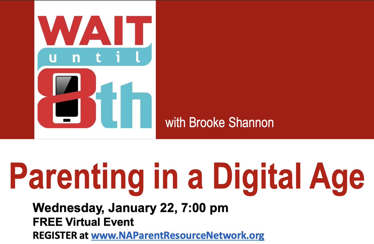 NAMiddle's tweet image. Registration is open!

Wait Until 8th Program - Free Virtual Event
Wednesday, 1/22/25 at 7:00 pm
REGISTER: NAParentResourceNetwork.org
Brooke Shannon, founder of this movement, will discuss the importance of delaying smartphones and social media.
Learn more at waituntil8th.org