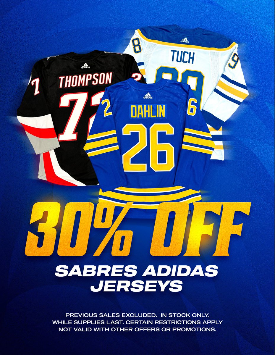 Stop in to the Sabres Store before tonight's game and shop 30% off Adidas jerseys! 🔥

#LetsGoBuffalo | #sabrehood