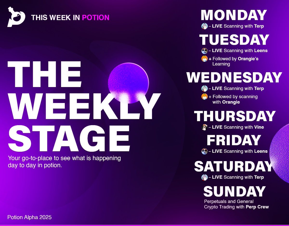 Welcome to Potion. 

We are now re-open. 

Here is our new weekly schedule for our stages, see you in the trenches anon.

Upgrade here: whop.com/potion-alpha/