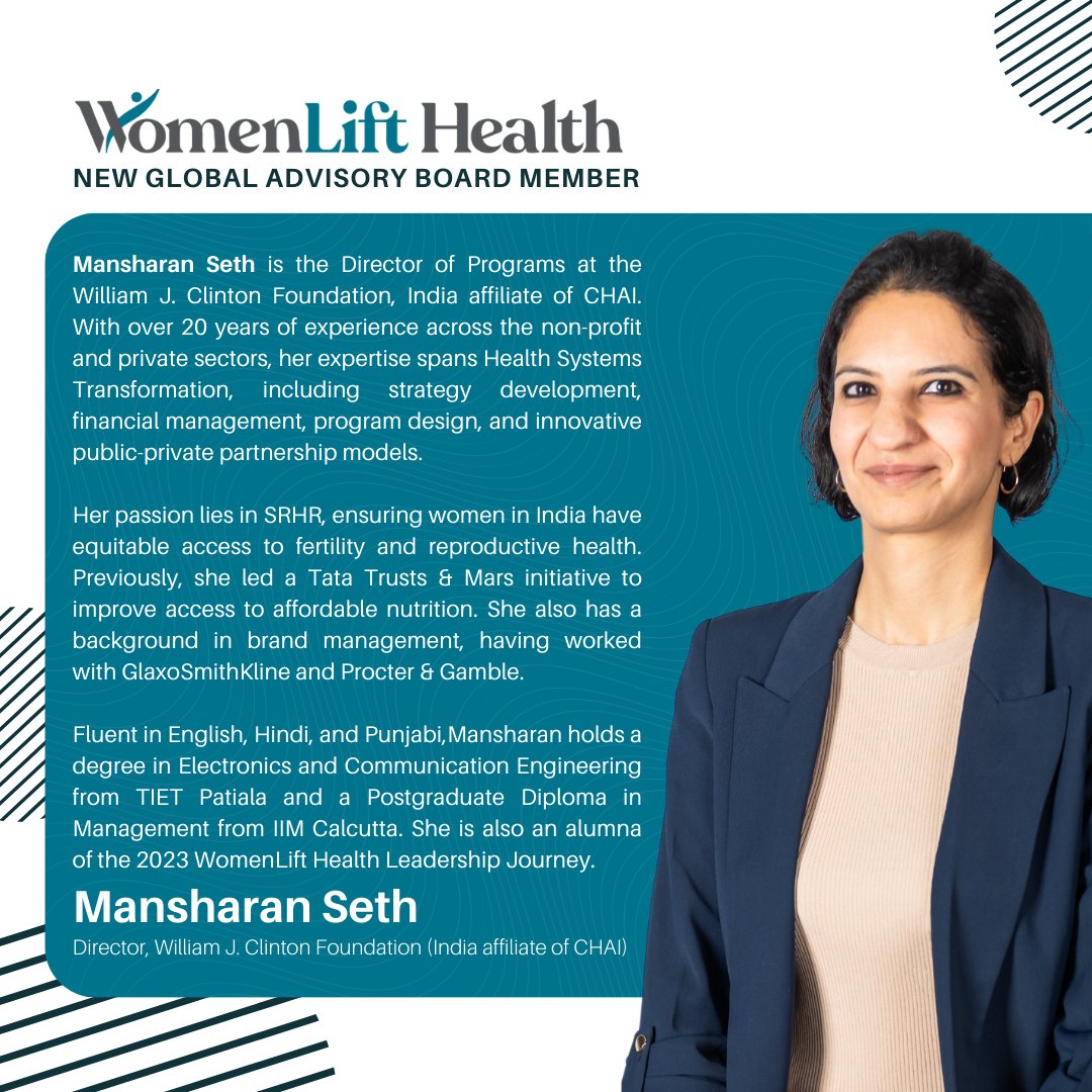 Amie Batson (@amiebatson) on Twitter photo I'm pleased to share that Mansharan Seth has joined the <a href="/womenlifthealth/">WomenLift Health</a> Global Advisory Board.
As an alumna of our Leadership Journey and with extensive experience in health systems transformation, her expertise will be an asset in advancing women’s leadership in #globalhealth. I'm pleased to share that Mansharan Seth has joined the <a href="/womenlifthealth/">WomenLift Health</a> Global Advisory Board.
As an alumna of our Leadership Journey and with extensive experience in health systems transformation, her expertise will be an asset in advancing women’s leadership in #globalhealth.