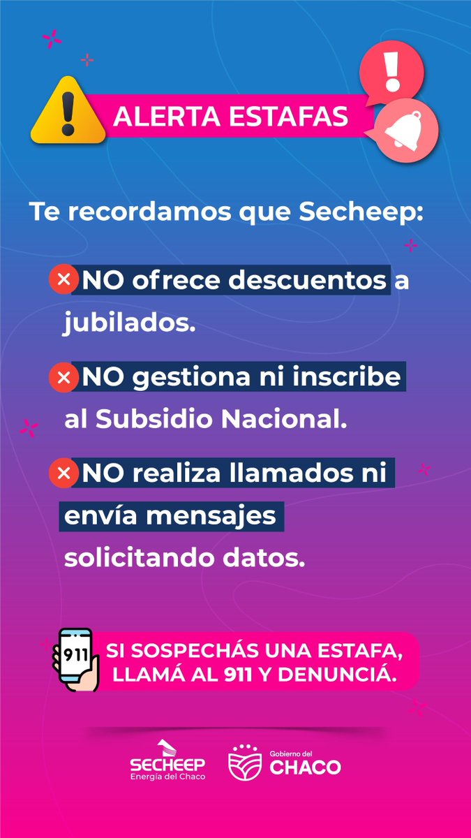 ⚠️ ATENCIÓN
⚡️ Secheep reitera estar alertas ante nuevos intentos de estafas a través de cuentas falsas de Facebook, llamadas telefónicas y/o de WhatsApp que utilizan el nombre de la empresa energética.
⚡️Nota acá👉: secheep.gob.ar/?p=8086