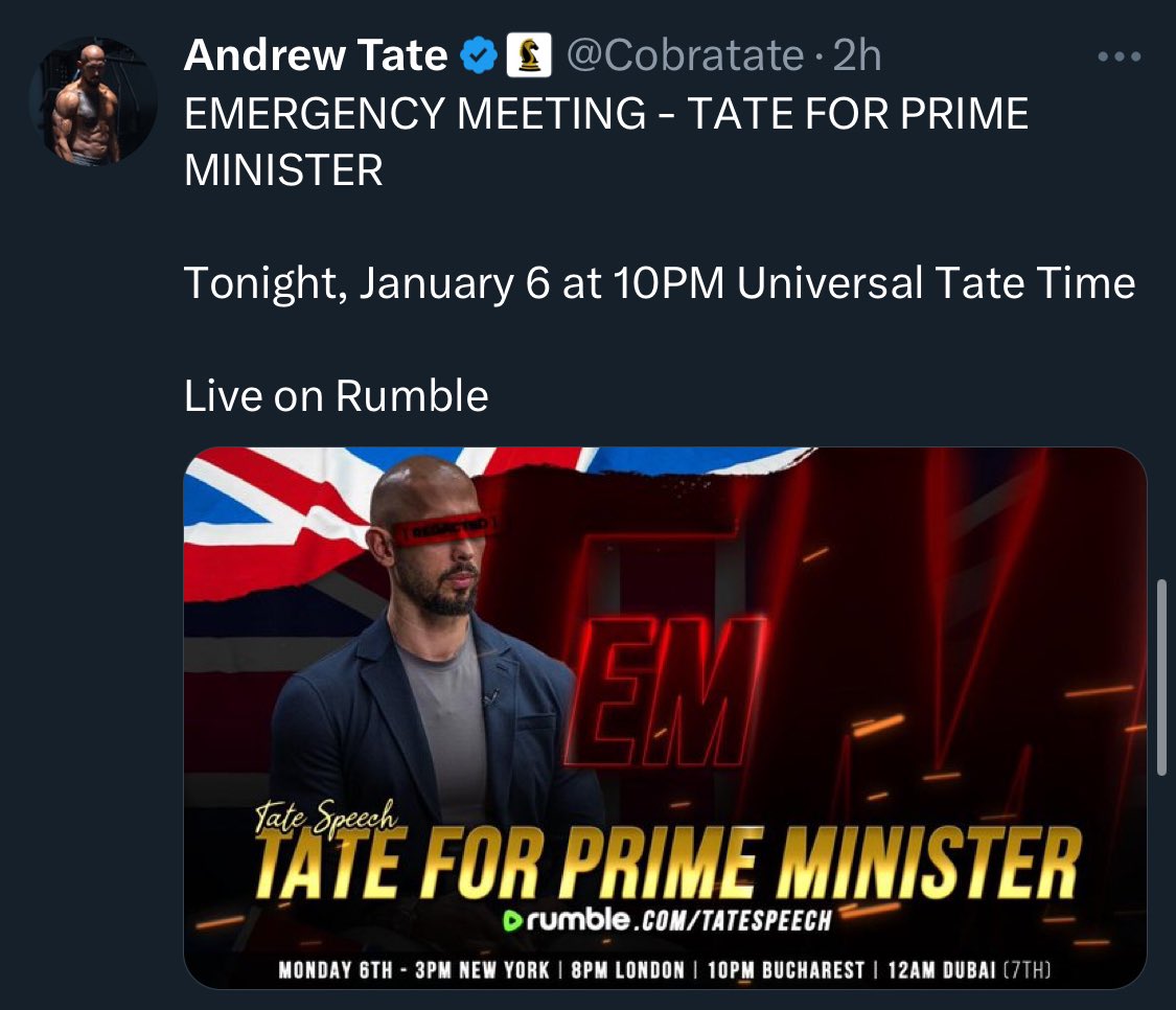 For those who do not know, Andrew Tate will be extradited to the UK for another human trafficking and rape case once Romania is finished with him. 

He’s currently under house arrest.

He’s trying to remain relevant and create a new boogieman to blame when he is indicted again.