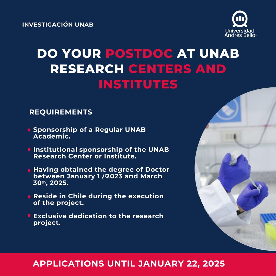 Will you complete your Ph.D. before March 30th, 2025? 🎓 Apply to the UNAB Postdoctoral Talent Attraction Competition and join our Research Centers and Institutes.  📷 Find the guidelines here: tinyurl.com/3p5wkkz6
