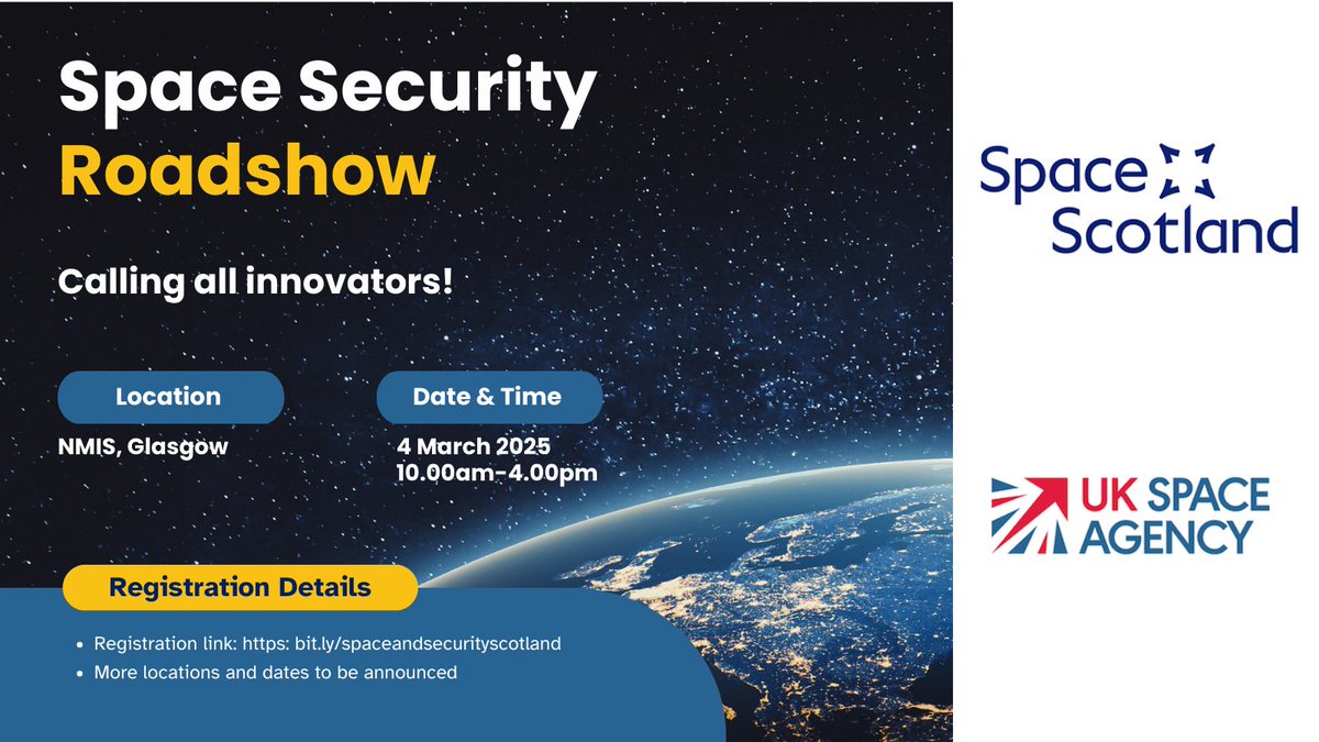 The UK Space Security Roadshow is heading to Scotland! 🚀

📅4th March 2025
📍National Manufacturing Institute Scotland, Glasgow

Explore space security challenges, network with regional experts, and future-proof your capabilities.

👉Register now: bit.ly/3W5OFRQ