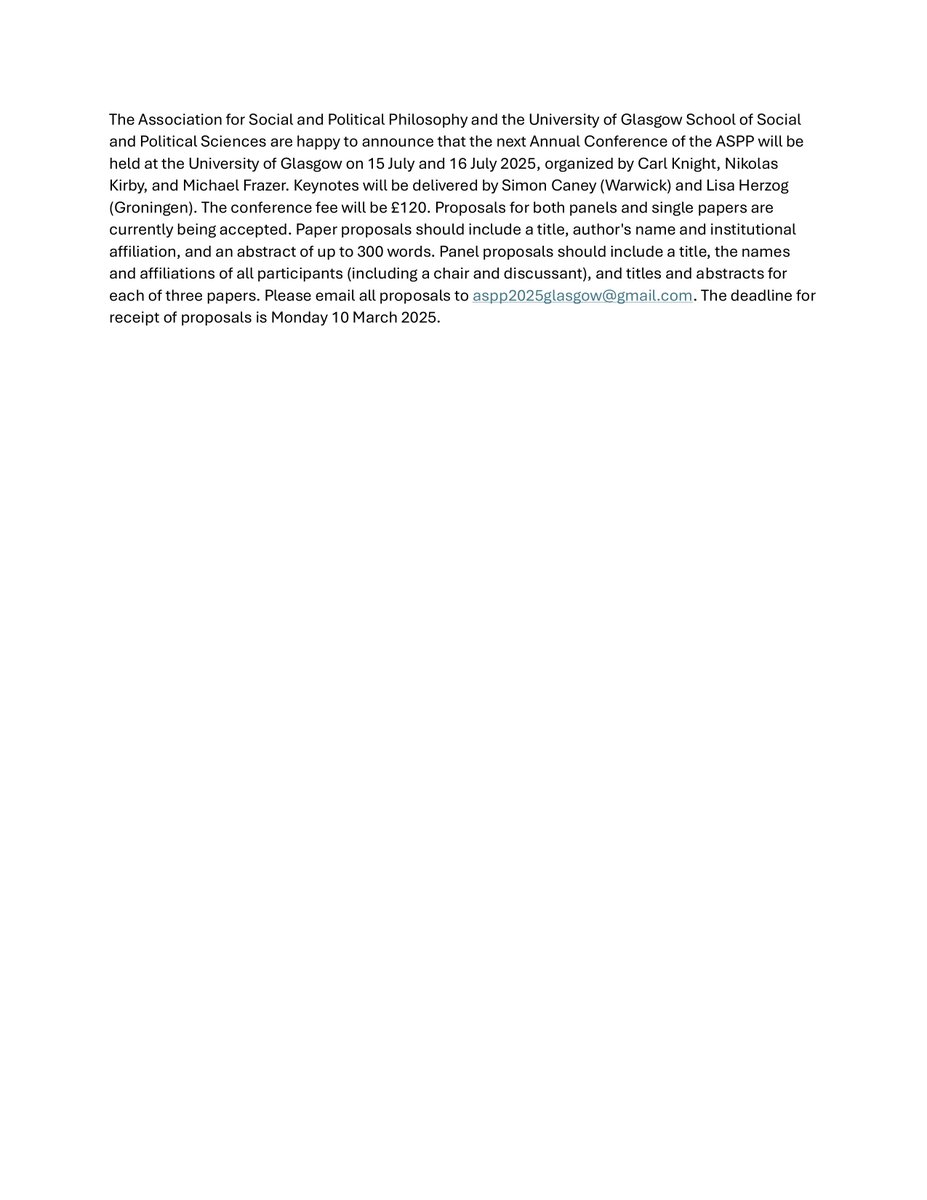Social/Political Philosophers/Theorists,  The Association for Social and Political Philosophy will be meeting in Glasgow this July. Please see the call for papers below. And please share widely!