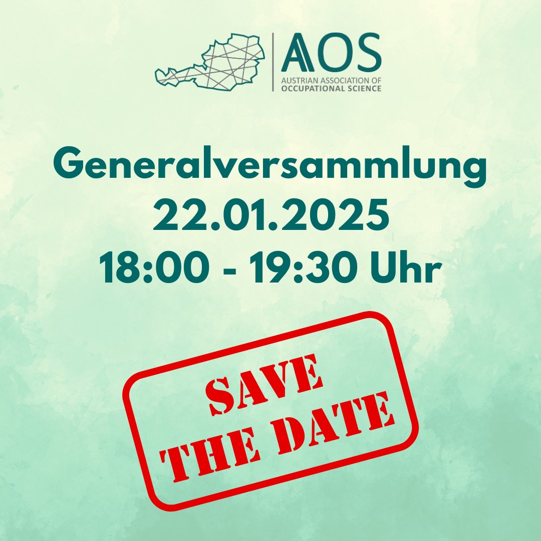 Reminder❗️Am 22.01.2025 findet die nächste Generalversammlung von AOS statt.  
 
🫵 Hast Du Dir als AOS Mitglied den Termin bereits in deinen Kalender eingetragen?  
 
🗓 #austrianoccupationalscience #occupationalscience