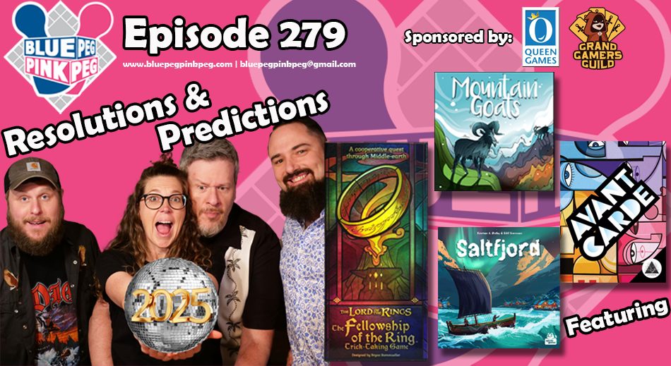 Ep. 279, the Pegs discuss Brandon's gift, Robb's BG stats, Kevin's D&amp;D group, and Aunt Peggy. We review games by <a href="/AportaGames/">Aporta Games</a>, #boardgametables.com, <a href="/resonym/">Resonym - find us on BKSY!</a>, and <a href="/OfficeDogGames/">Office Dog Games</a>. We provide resolutions, predictions and crazy predictions for 2025.  bluepegpinkpeg.com/2025/01/episod…