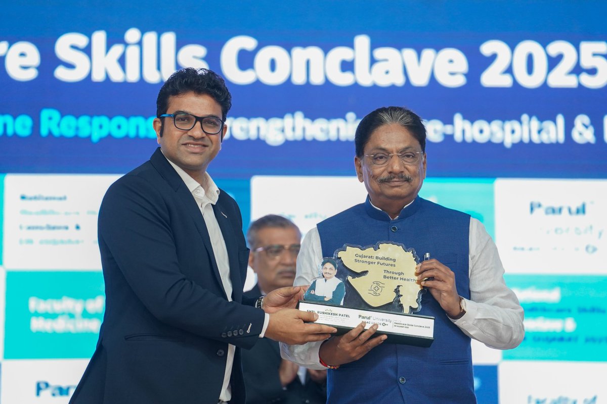 ParulUniversity's tweet photo. A celebration of innovation, skill, and the promise of better healthcare! ⚕️

We had the immense honour of hosting the Honorable Health Minister of Gujarat, Shri Rushikesh Patel, at the National Healthcare Skill Conclave (NHSC) 2025 - a landmark event with the theme “One Nation, One Response - Pre-Hospital Care and Life Saving Skills” - dedicated to advancing healthcare education and fostering innovation in medical skills. Shri Rushikesh Patel not only inaugurated this transformative festival but also unveiled two state-of-the-art facilities on our campus: the Ambulance Simulation Unit - a first-of-its-kind learning hub designed to equip future healthcare professionals with hands-on training in emergency medical response and the Parul Vision & Laser Center - a centre aiming to make precision LASIK surgery affordable and accessible. 💫

With this conclave and the inauguration of these world-class facilities, we are proud to take another step towards shaping the future of healthcare in India and beyond. ✨

#health #minister #gujarat #innovation #skill #paruluniversity