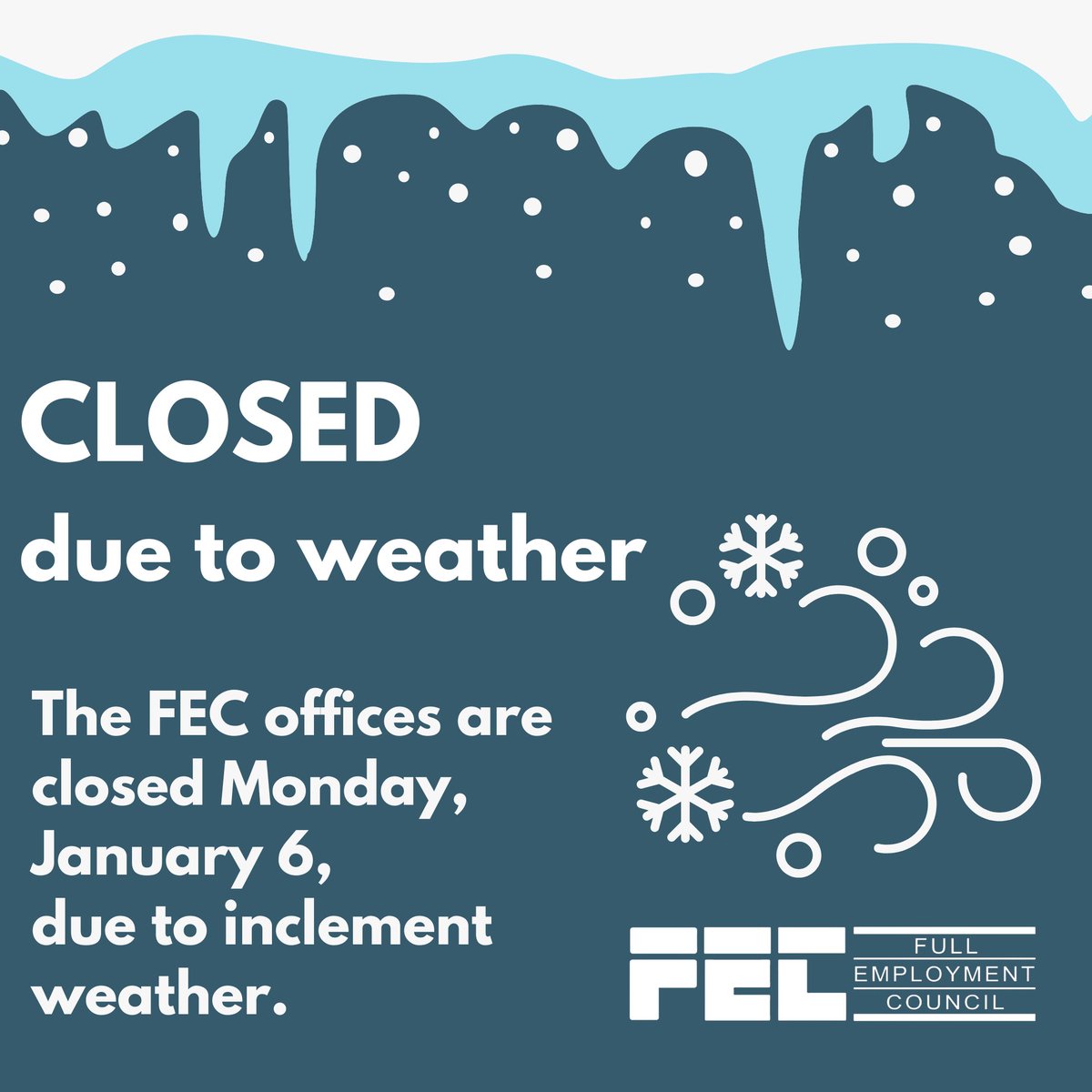 Due to inclement weather, all Full Employment Council locations are closed on Monday, January 6, 2025. Stay tuned for updates regarding reopening. 
For more information about FEC services, visit feckc.org