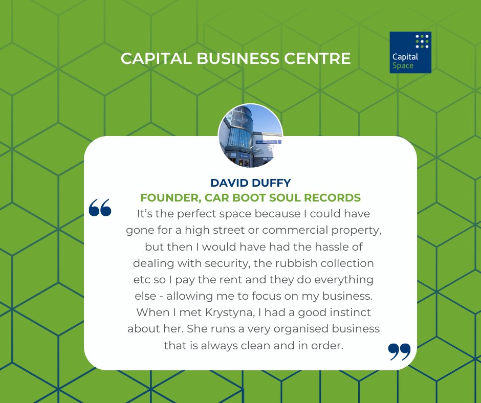 We provide hassle-free office, studio and workshop space for all small business owners - as David Duffy, #founder of Car Boot Soul Records testifies to. Thanks so much for your #testimonial.

If you're looking for flexible #workspace on a simple monthly licence, get in touch.