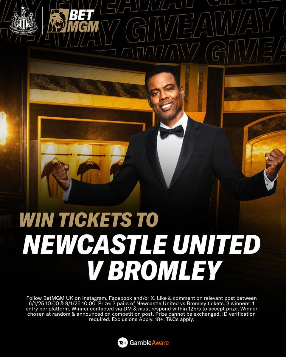BetMGM has 3 pairs of tickets to Newcastle United v Bromley 🎫

How to Enter:
🤝 𝗙𝗢𝗟𝗟𝗢𝗪 BetMGM UK 
🖤 𝗟𝗜𝗞𝗘 this post
💬 𝗖𝗢𝗠𝗠𝗘𝗡𝗧 the year Newcastle last won the FA Cup 🏆

18+ only. Winners notified 9th Jan.

T&amp;Cs: betmgm.uk/4fzPbzC

#NUFC