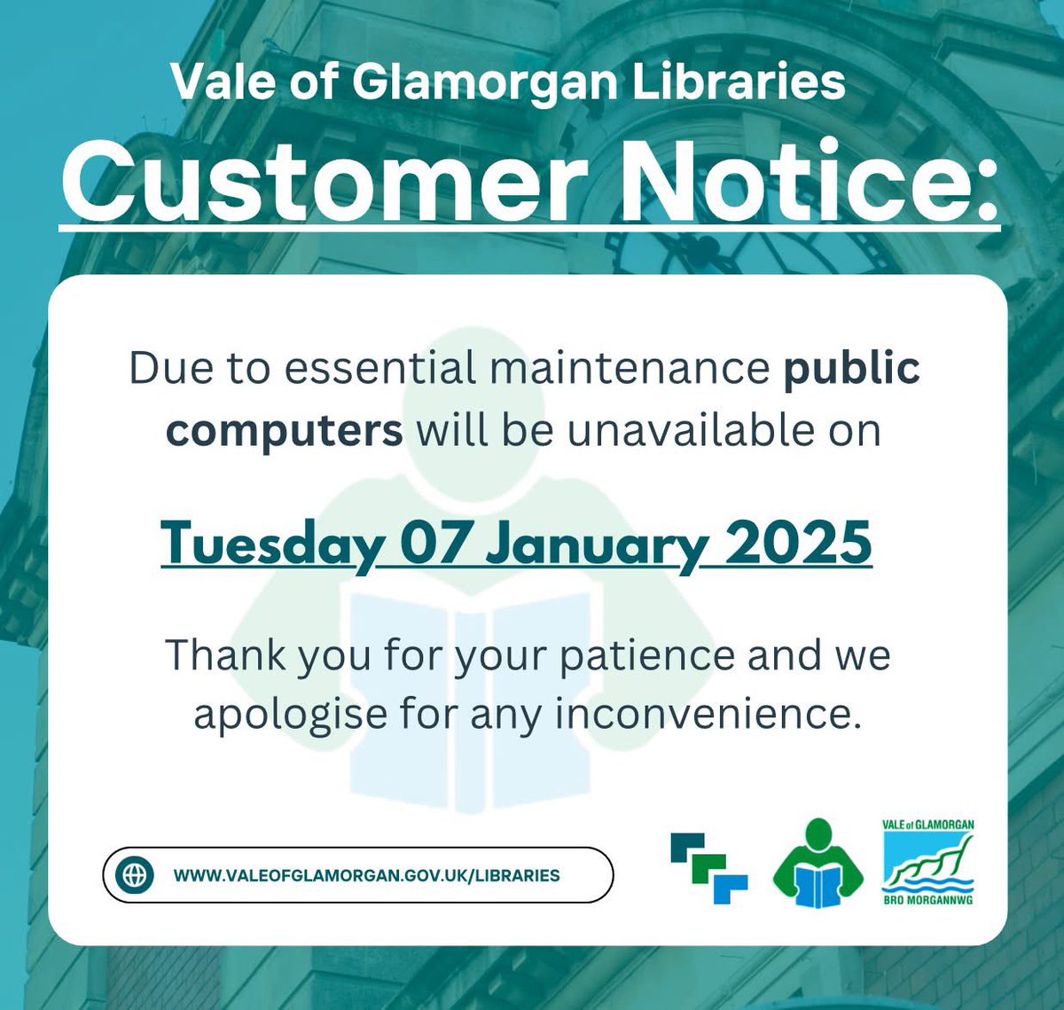 BarryLibrary's tweet image. Vale of Glamorgan Libraries Customer Notice:

Due to essential maintenance public computers will be unavailable on: 
🗓️ Tuesday 07 January 2025

Thank you for your patience and we apologise for any inconvenience.