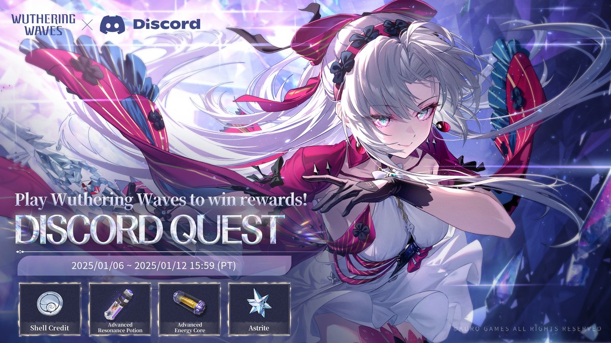 Dear Rover:
The V2.0 WUWA Discord Quest Event is now live! Click the link below to complete the quest on Discord and get a chance to win rewards including Astrite! 
Quest URL: discord.com/quests/1324419…
*Click the link for more information: wutheringwaves.kurogames.com/en/main/news/d…
#WutheringWaves