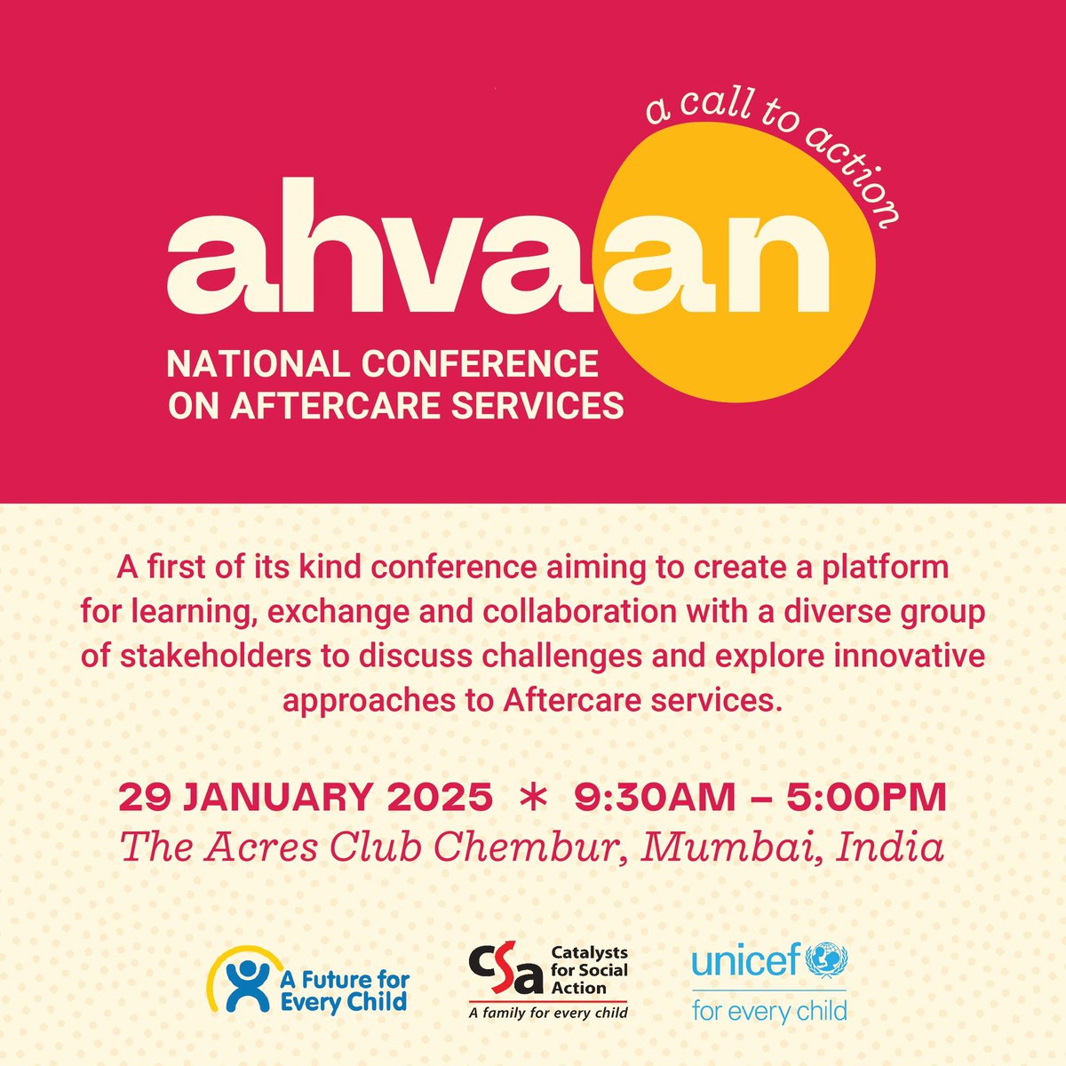 Join us at Ahvaan: A Call to Action! 🌟

In partnership with <a href="/UNICEFIndia/">UNICEF India</a> &amp; <a href="/afutureforever1/">afutureforeverychild</a> , let’s discuss and collaborate on Aftercare Services.

🗓️ 29th Jan 2025 | 📍 The Acres Club, Mumbai

Details: ahvaanaftercareconference.org

#Ahvaan2025 #Unicef #AFutureforEveryChild #CSA