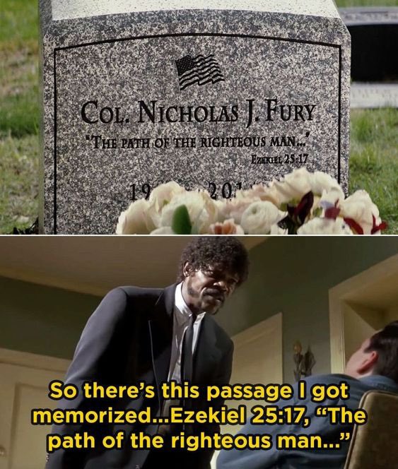 JP (@newinattica) on Twitter photo <a href="/TheCinesthetic/">cinesthetic.</a> Nick Fury’s gravestone from Winter Soldier has the same verse that Jules quotes in Pulp Fiction. <a href="/TheCinesthetic/">cinesthetic.</a> Nick Fury’s gravestone from Winter Soldier has the same verse that Jules quotes in Pulp Fiction.