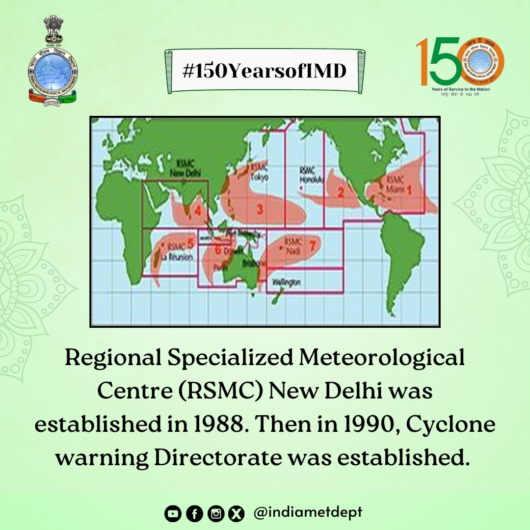 Indiametdept's tweet photo. More About IMD :
Regional Specialized Meteorological Centre (RSMC) New Delhi was established in 1988. Then in 1990, Cyclone warning Directorate was established.
#150YearsofIMD #IMDHistory #WeatherHistory #India #Meteorology #IMD #india #imdforindia #DidYouKnow
@moesgoi @airnewsalerts @DDNewslive @mygovindia @DrJitendraSingh @WMO @PIB_India