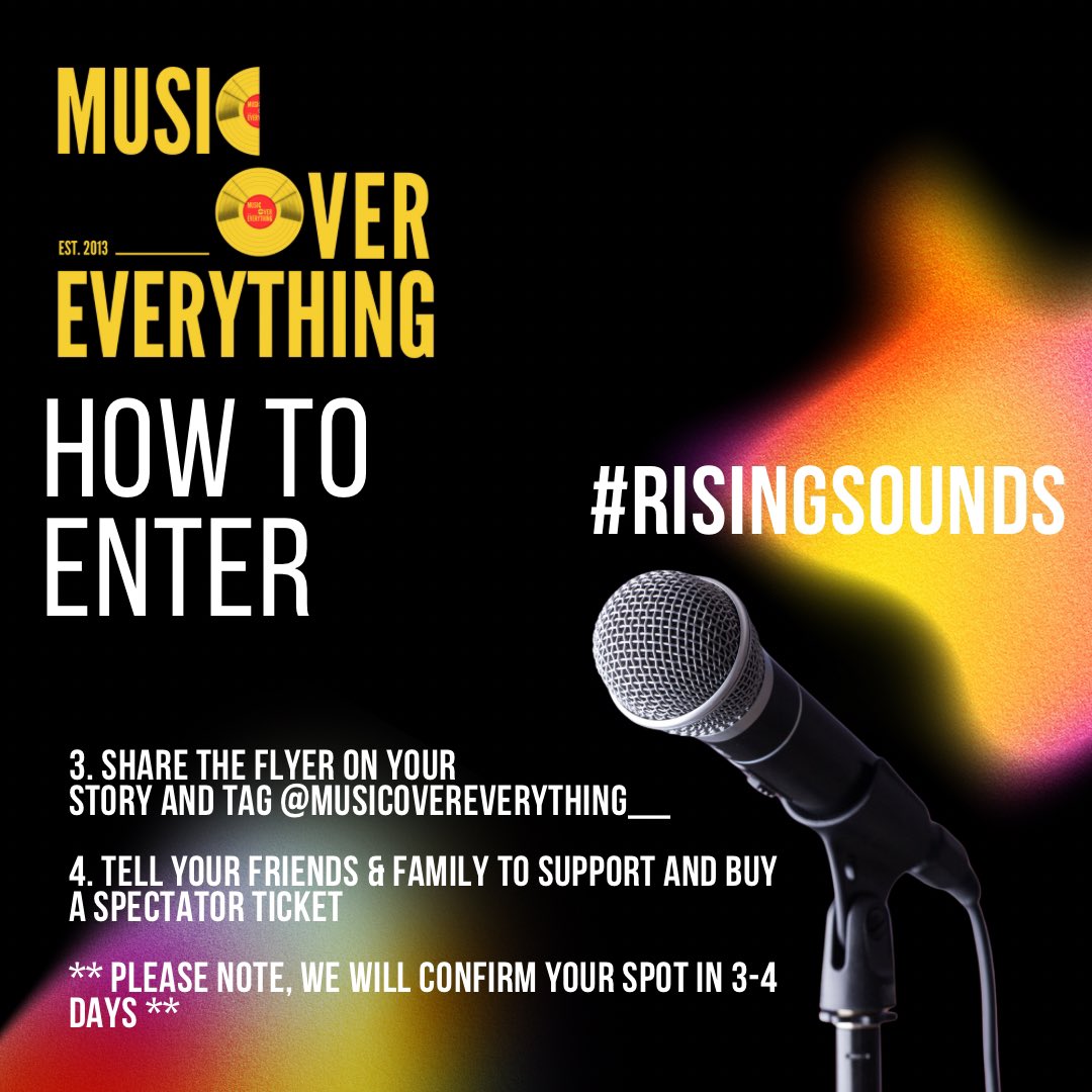 Music Over Everything (@moepresents) on Twitter photo The 1st #RisingSounds of the year is on Friday 17th Jan.
Artists have the chance to win FREE studio time, PR packages, radio play + more!
20 artists, 4 judges, 3 winners, 1 song each.
5 SPOTS LEFT 👀
linktr.ee/MOEPresents
📍<a href="/UpstairsRitzy/">Upstairs At The Ritzy</a>
🗓️ Friday 17th January 2025 The 1st #RisingSounds of the year is on Friday 17th Jan.
Artists have the chance to win FREE studio time, PR packages, radio play + more!
20 artists, 4 judges, 3 winners, 1 song each.
5 SPOTS LEFT 👀
linktr.ee/MOEPresents
📍<a href="/UpstairsRitzy/">Upstairs At The Ritzy</a>
🗓️ Friday 17th January 2025