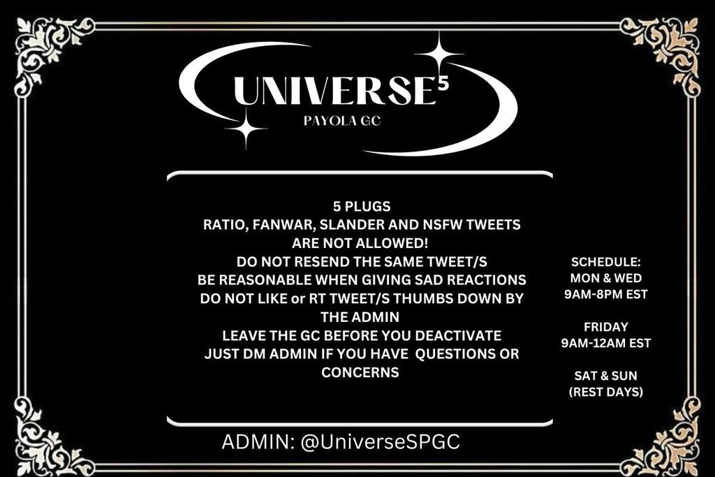 UNIVERSE⁵ STRICT HYPE/PROMO/PAYOLA GC RECRUITING NOW! #X🪐

✨ All fandom can join
✨ 35+ Guaranteed Likes
✨ REPOST &amp; REPLY @ to Join 
✨ MBF: [<a href="/UniverseSPGC/">UNIVERSE⁵🖤</a>]