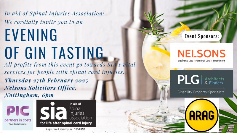 The first <a href="/spinalinjuries/">Spinal Injuries Association</a>  and <a href="/PIC_Legal/">PIC</a> Gin Tasting event will take place at <a href="/Nelsons_Law/">Nelsons</a> Nottingham office. The evening will feature an expertly curated gin tasting experience hosted by Spirit Sisters.  Tickets are still on sale: shorturl.at/aVQ1q