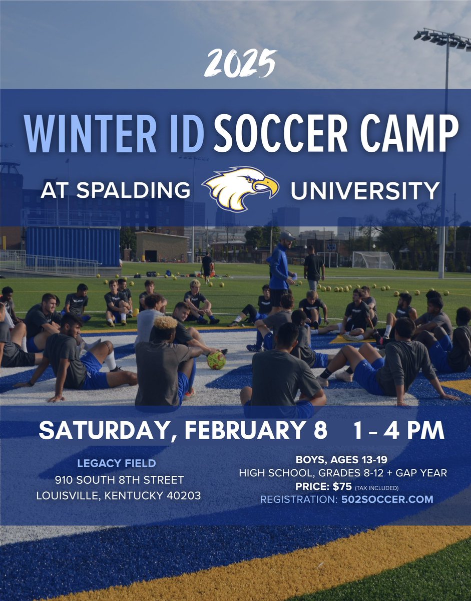 SpaldingMSOC's tweet image. 𝗪𝗜𝗡𝗧𝗘𝗥 𝗜𝗗 𝗖𝗔𝗠𝗣 is 𝙉𝙀𝙓𝙏 𝙈𝙊𝙉𝙏𝙃!

🗓️ Saturday, February 8th
⏱️ 1:00-4:00pm
📍 Legacy Fields
💲 $75

Join our coaching staff &amp;amp; players for a one-day recruiting &amp;amp; identification event on Saturday, February 8th. 

REGISTER at 502soccer.com