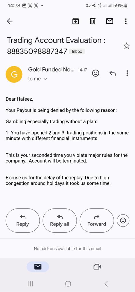 fundedchemist's tweet image. ⚠️ Warning about @GoldFunded ⚠️

My payout has been DENIED twice, even though I trade with a  plan. 📈 They accuse me of &quot;gambling,&quot; yet my earlier small payouts—using the SAME trading style—were no problem. Now they refuse larger 2274$ &amp;amp; 1617$ payouts. 🤔

Be warned! 🛑…