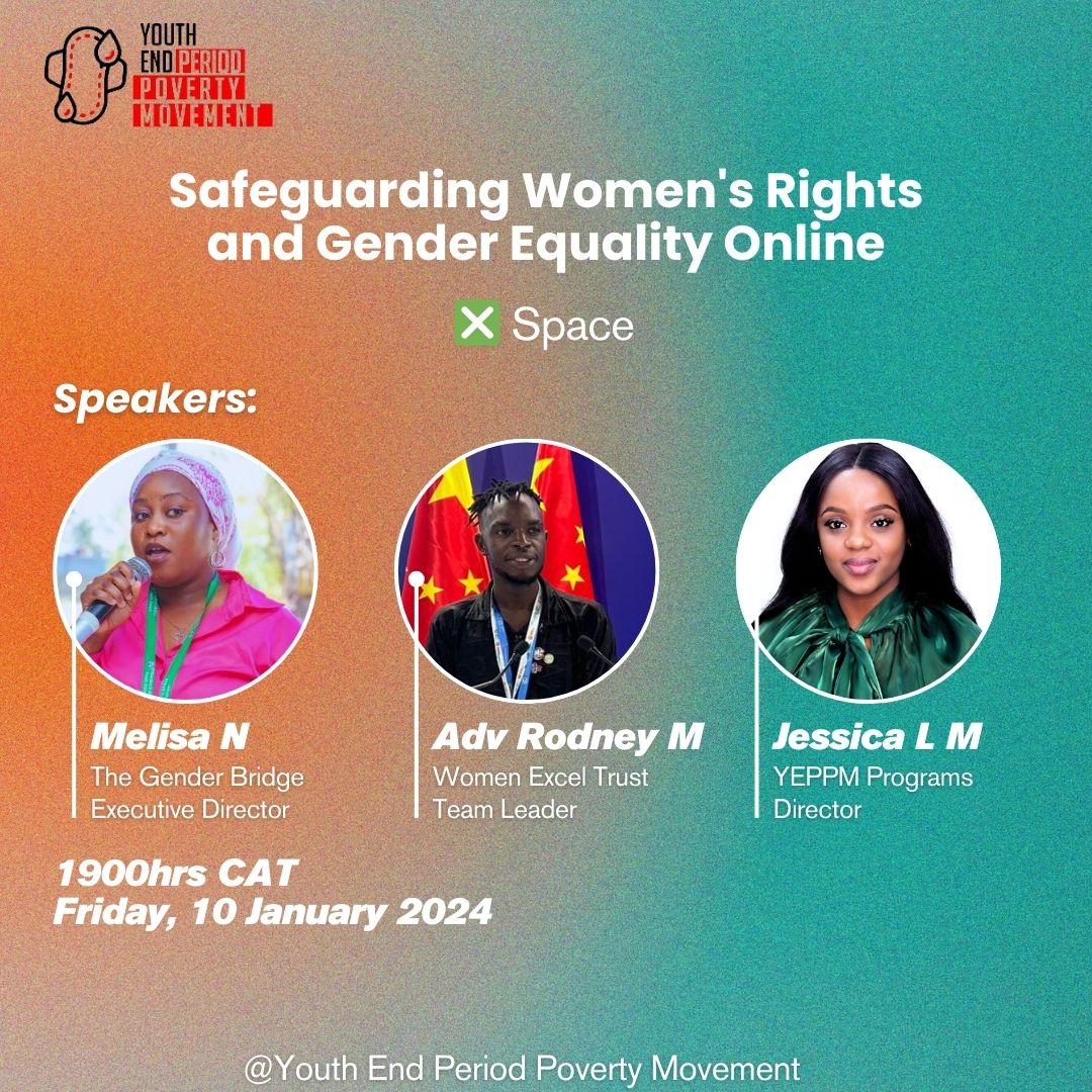 📢📢Set a reminder and join us this coming 🗒Friday at ⏰ 1️⃣9️⃣0️⃣0️⃣ hrs CAT as we deliberate on the growing gender digital divide👩‍💻

 🔗❎ Space Link: x.com/i/spaces/1nAKE…

#breakthesilence #beatperiodpoverty