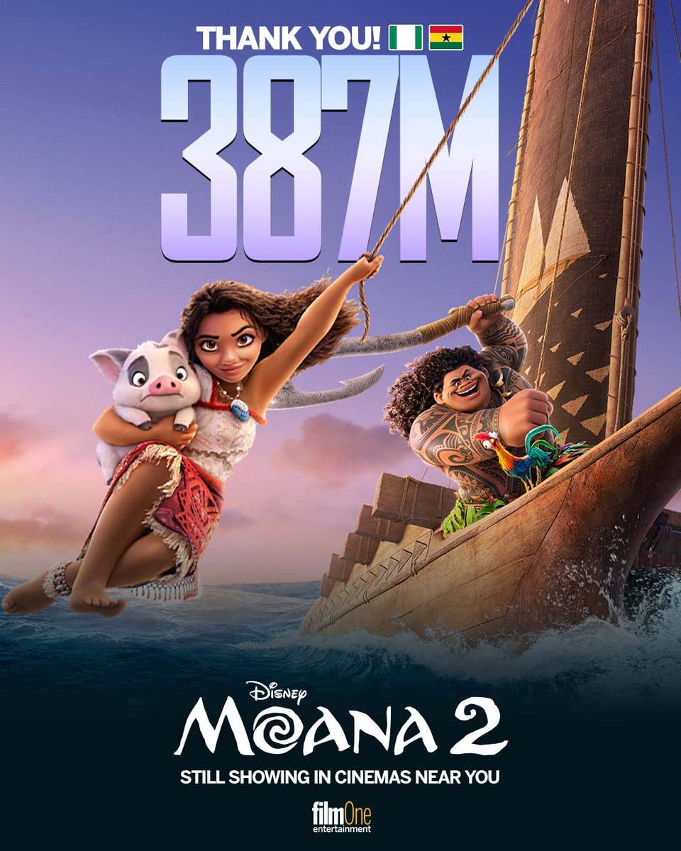 FilmOneng's tweet photo. 🌟 387M and counting! Thank you, Nigeria 🇳🇬 and Ghana 🇬🇭 for your incredible support on this magical journey!

Moana 2 is still making waves in cinemas near you—don’t miss out on the adventure! 🌊✨

Distributed by @filmoneng 

#Moana2 #filmoneng https://t.co/amc7y9nXWw