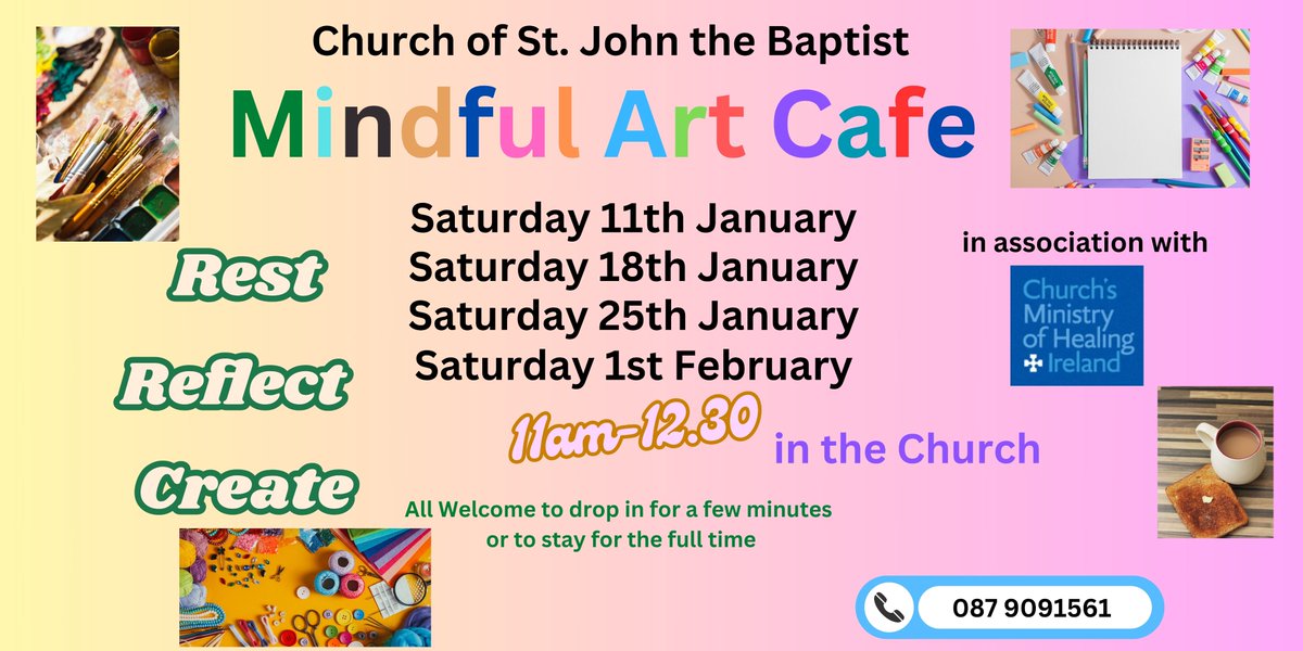 loveclontarf_ie's tweet photo. Join Church of St. John the Baptist for a Mindful Art Café! 🎨 All are welcome.

#MindfulArtCafé #RestAndCreate #Mindfulness #CreativeConnection https://t.co/I2DJjBe5XK