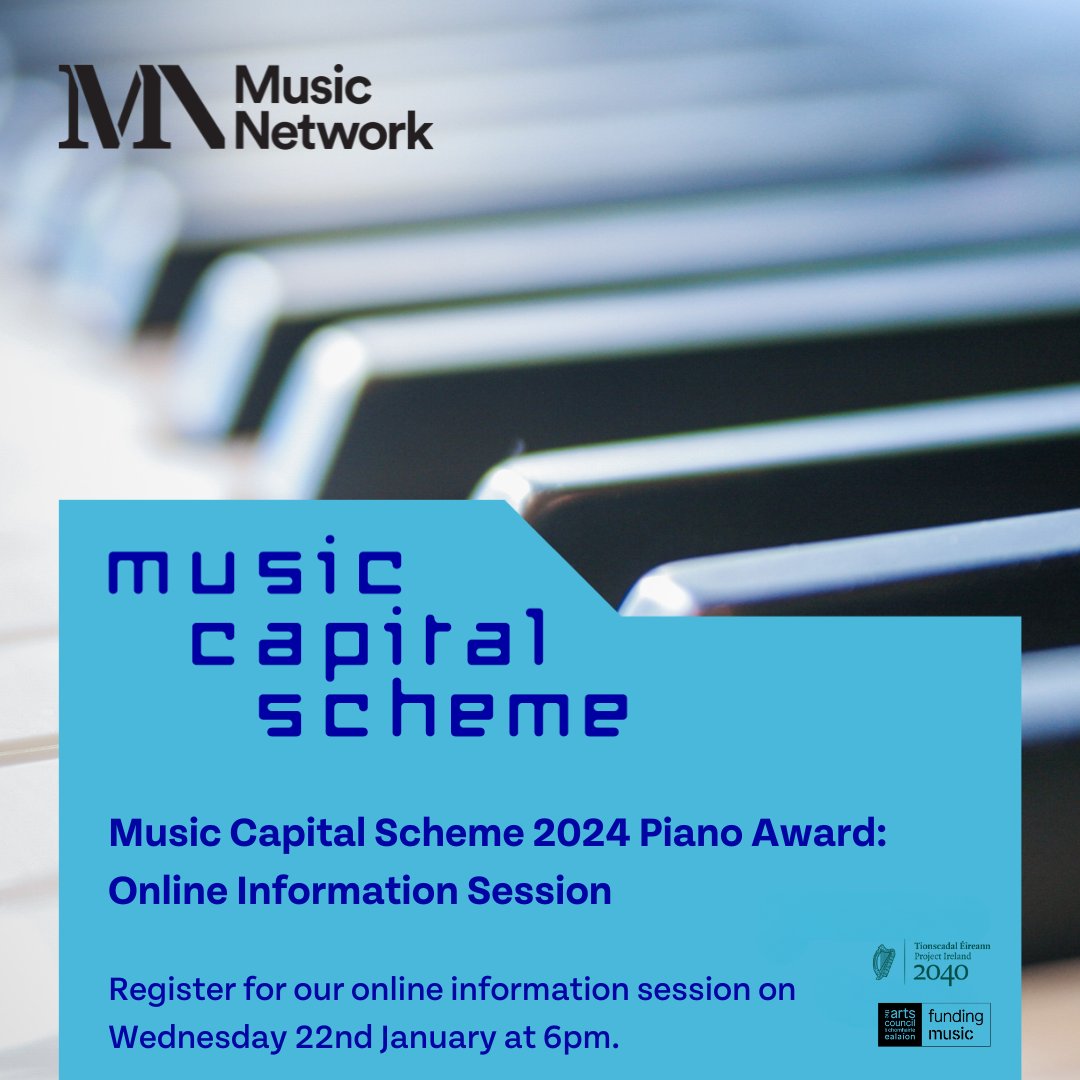 Music Network (@musnetirl) on Twitter photo ⏰ Applications are open for the new Music Capital Scheme 2024 Piano Award
The award supports the purchase/refurbishment of concert standard grand pianos by arts venues and music presenters 🎹
👉 Sign up for our info session loom.ly/jYwdOn8
Supported by <a href="/DeptCultureIRL/">Department of Culture, Communications and Sport</a> ⏰ Applications are open for the new Music Capital Scheme 2024 Piano Award
The award supports the purchase/refurbishment of concert standard grand pianos by arts venues and music presenters 🎹
👉 Sign up for our info session loom.ly/jYwdOn8
Supported by <a href="/DeptCultureIRL/">Department of Culture, Communications and Sport</a>