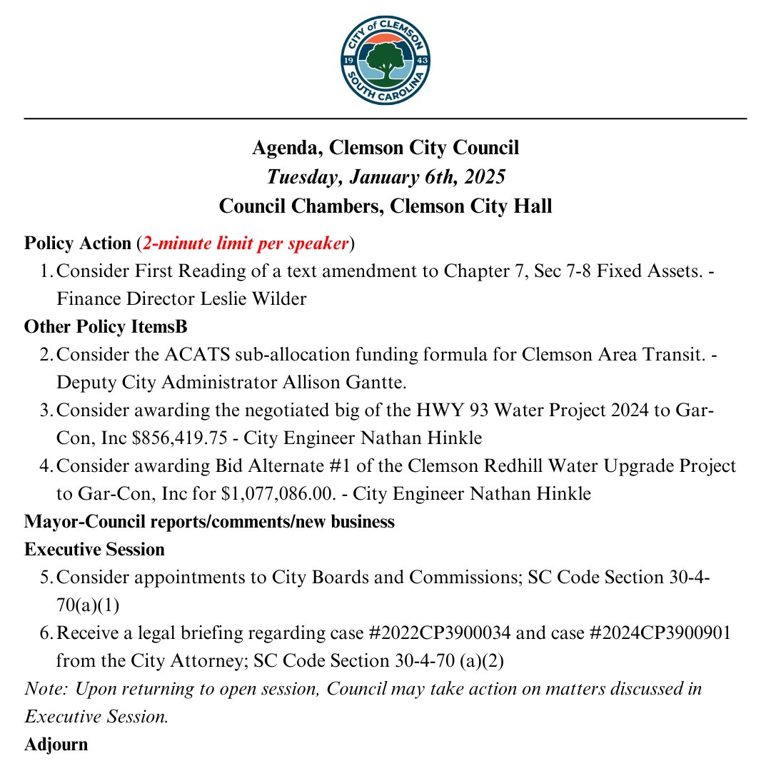 Clemson City Council will hold a regularly scheduled meeting tonight at 6:30 PM in Council Chambers. The meeting agenda can be found on our website (clemsoncity.org). The meeting can be viewed live on our YouTube page (@CityofClemsonSouthCarolina).