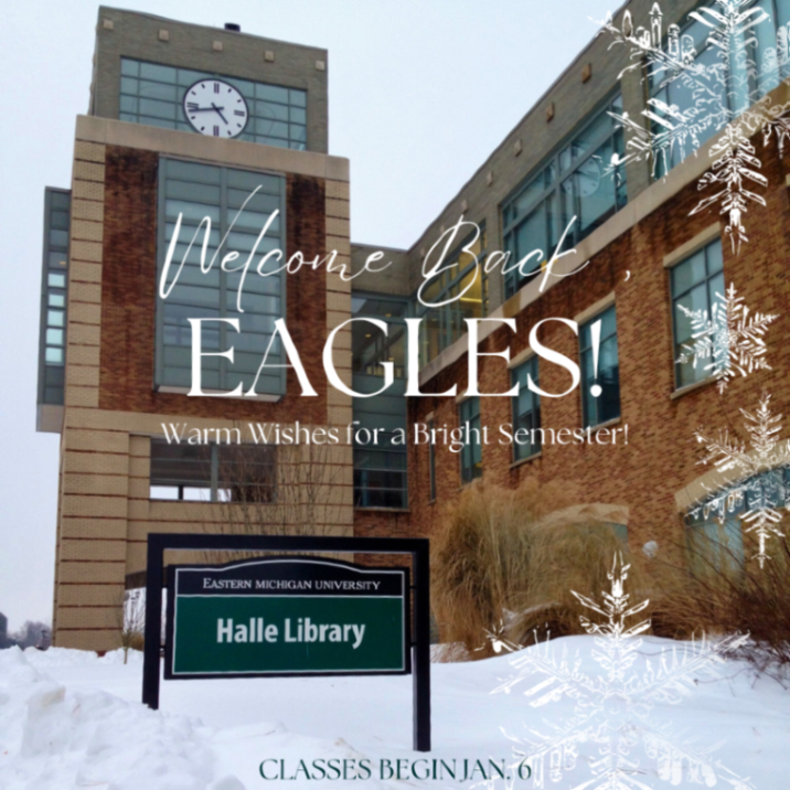 emulibrary's tweet photo. Welcome to Winter 2025, Eagles! Halle Library is your go-to spot for study spaces, research help, and resources to power your success. Let’s make this semester one for the books! 📚💚 #TRUEMU #HalleLibrary #EMUWinter2025 https://t.co/F1s7fCDqdl