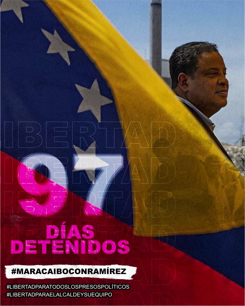 Hoy se cumplen 97 días de injusticia. 

La lucha por la libertad de nuestro alcalde Rafael Ramírez y su equipo sigue firme. 

Maracaibo está con ustedes, no descansaremos hasta que se haga justicia. 

¡Aquí no se rinde nadie!