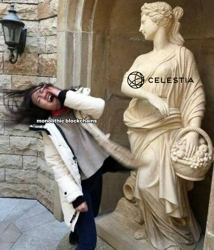 viktrever's tweet photo. When @celestia  enters the chat, monolithic blockchains feel the heat. 

#Celestia #ModularBlockchain #Web3 #DeFi #CryptoMeme https://t.co/BIocp8IDNm
