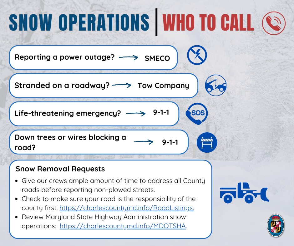 During inclement weather events, it's important to know who to contact for different types of emergencies. 

For more information on our snow removal operations, visit: charlescountymd.gov/services/roads….