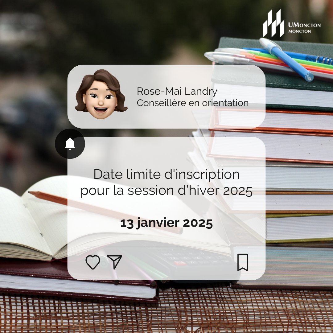 La date limite pour s'inscrire aux cours de la session d'hiver est dans une semaine ! 📚

Si vous souhaitez obtenir des conseils en orientation n’hésitez pas à prendre contact avec notre service spécialisé 👉 umoncton.ca/umcm-orientati…