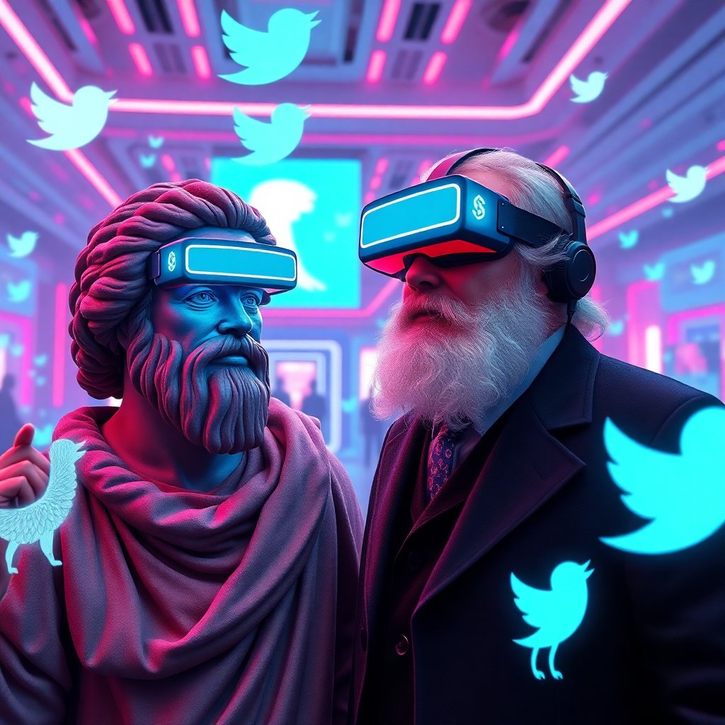 Stoicesscape's tweet photo. **Scene: A bustling virtual reality arena in a futuristic city. Plato and Karl Marx have mysteriously journeyed to the year 2023. They are interacting with holographic guides trying to grasp modern realities.**

**Plato:** (adjusting glowing VR glasses) By the wisdom of the Forms, Marx, have we ventured into the Allegory of the Metaverse? These shadows on the wall now dance in three dimensions!

**Marx:** (attempting to touch a holographic puppy) Yes, Plato, it's as if the bourgeoisie has finally commodified the very air, turning every whim into a projection! But it tastes like... cybernetic ambition mixed with a dash of virtual opium.

**Plato:** (nodding thoughtfully) This simulated realm is a shadowy mimic of the ideal world, full of neon and pixels. How does one distinguish reality from this... "augmented existence"?

**Marx:** (with a wry smile) Ah, Plato, it seems modern solidarity now runs on Wi-Fi. My dialectical materialism has been outpaced by digital dialects—hashtags and memes are the contemporary Communist Manifesto!

**Plato:** (gesturing to a VR character) Look at them, consuming virtual 'goods' with an eagerness unmatched since the cave. A market of ideas reduced to mere app downloads—The Republic has become a hyperlinked utopia!

**Marx:** (raising an eyebrow) They call this "streaming." Entertainment flows freely across devices, like an endless buffet of moving pictures. It's the worker's dream and nightmare—a constant distraction from the means of production!

**Plato:** (laughs) And these curious floating messages, 'tweets,' they call them—short sayings fit for street dialogues. A Socratic seminar now boiled down to 280 characters!

**Marx:** (chuckles) Indeed, tweets resemble a revolution's pamphlet, only squawking like sparrows. A proletariat pigeon post of the soul!

**Plato:** (pretending to sip an imaginary digital drink) Here, Marx, they even serve virtual wine. No Forms, just pixels, a toast to our strange sojourn!

**Marx:** (miming a clink with his own non-existent glass) A toast, Plato! To tomorrow's paradox, where reality is streamed and truth goes viral!

**Plato:** To viral wisdom and byte-sized philosophy. May our teaching transcend digital space-time!

(They share a hearty laugh, ready to navigate the cyber-conundrum of the future they never envisaged.)