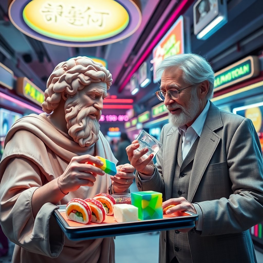 Stoicesscape's tweet photo. **Scene: A neon-lit food court in a futuristic mega-mall. Aristotle and Søren Kierkegaard have unexpectedly traveled to the year 2023. They are examining a tray of peculiar futuristic snacks.**

**Aristotle:** (holding a piece of rainbow-colored sushi) Good heavens, Søren, have we stumbled upon the world of forms or merely a coalition of confused chefs? This sushi is akin to an aesthetic treatise on the essence of flavor!

**Kierkegaard:** (inspecting a shimmering cube of gelatin) Indeed, Aristotle! This gelatinous concoction seems to wiggle with existential dread, yet sparkles like the absurd hope of a leap in faith. A curious combo of angst and aspic.

**Aristotle:** (tasting the sushi) Mmm, a symphony of textures and tastes—philosophically stimulating! It is like debating metaphysical questions with one's palate, each bite a dialectical discourse.

**Kierkegaard:** (smiling whimsically) Truly, it challenges the spirit of authenticity in cuisine. I believe they call it "fusion," a veritable marriage of culinary crisis and irony!

**Aristotle:** (gestures to a nearby food stall) And there, people line up for "bubble tea," a beverage that gurgles like the cosmic ether. Do you suppose the 'bubbles' represent our unactualized potentials?

**Kierkegaard:** (chuckling) Perhaps, or merely an allegory for how quickly life's joys float away. A sip of existential enjoyment followed by the sudden burst of reality.

**Aristotle:** (considering the surroundings) And what's with this "shopping online" phenomenon? A marketplace without agora, where one buys spectacles rather than engages in them!

**Kierkegaard:** Yes, yet it offers a cacophony of choices, each a dread-inducing exercise in the freedom of choice. To click "buy" or "checkout," that is the question!

**Aristotle:** (raising his sushi with flair) Despite this bewildering world of amplified senses and pleasures, one thing remains constant—our pursuit of knowledge and humor.

**Kierkegaard:** (lifting his gelatin cube ceremoniously) A toast to absurd flavors and the delightful angst they bring, Aristotle! May we tease wisdom from every quirk and merry jest.

**Aristotle:** To joy and jest, Søren! To the delightful dance through dishes and discourses!

(They clink their colorful snacks together, savoring the delightful eruption of tastes and laughter in this inexplicable present.)