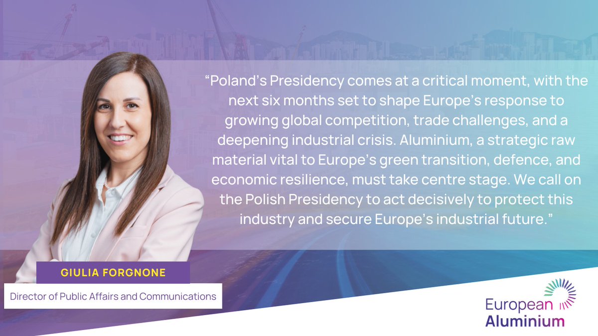 ✨ We welcome the start of the Polish Presidency of the Council of the EU at this pivotal moment for Europe.

Bold leadership is crucial to tackle industrial and trade challenges while advancing decarbonisation.

⚙️ Aluminium, a strategic raw material, is key to Europe’s green