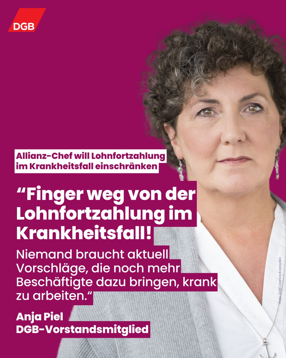 Bereits heute gehen immer mehr Beschäftigte krank arbeiten. Nur mit der Lohnfortzahlung ab dem ersten Tag ist gewährleitet, dass kranke Beschäftigte wirklich gesund werden, so unser Vorstandsmitglied <a href="/Anja_Piel/">Anja Piel</a>: dgb.de/presse/pressem…