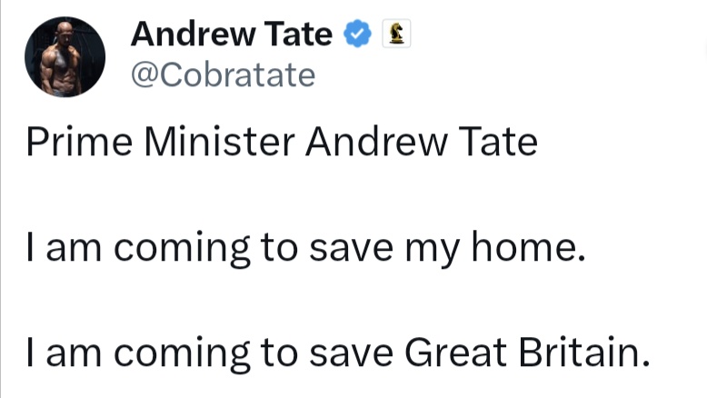 _johnbye's tweet photo. Andrew Tate says he's going to run for Prime Minister of a country he doesn't live in, can't spell the name of, and apparently doesn't understand the electoral system of. 🤷‍♂️

He does at least know a lot about grooming though .. as a groomer and teacher of grooming techniques. 😬 https://t.co/5LFbJFVs0h