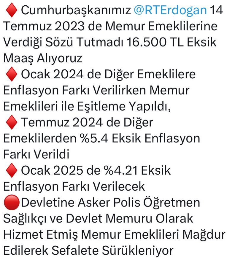 1️⃣Memur ve Memur Emeklisi aynı oranda zam ALIYOR
👇
 Memur Emeklisi SEYYANEN ZAMMI ALAMIYOR❓

2️⃣ #EmekliMemur ,SSK-BAĞKUR emeklilerinden 
👇
İKİ DÖNEMDİR EKSİK ZAM ALIYOR❓

#MemurEmeklisineAdalet 

<a href="/Akparti/">AK Parti</a> <a href="/RTErdogan/">Recep Tayyip Erdoğan</a> <a href="/memetsimsek/">Mehmet Simsek</a> <a href="/_cevdetyilmaz/">Cevdet Yılmaz</a>
<a href="/isikhanvedat/">Prof. Dr. Vedat Işıkhan</a> <a href="/isikhanvedat/">Prof. Dr. Vedat Işıkhan</a> 
👇