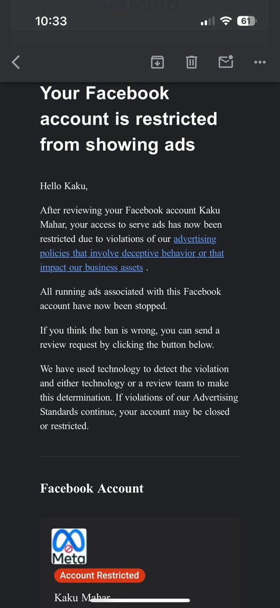 46Kaku's tweet photo. "Facebook blocked my account without any valid reason and is now ignoring my emails. No explanation, no response—just harassment. This is unacceptable! @facebook @Meta, care to explain? #FacebookIssues #AccountBlocked" https://t.co/Ilr6ulnX1r