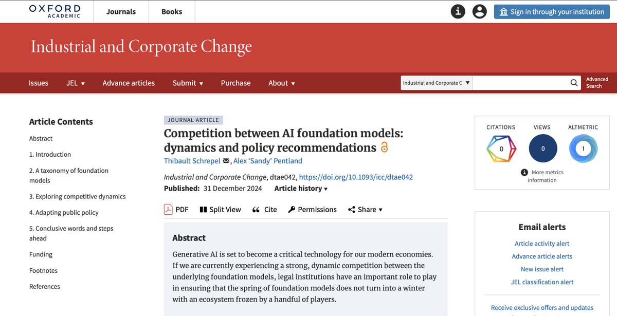 Alex 'Sandy' Pentland (<a href="/alex_pentland/">Alex Pentland</a>) and I are thrilled to share the published version of “Competition between AI Foundation Models: Dynamics and Policy Recommendations” (ICC, <a href="/OUPAcademic/">Oxford Academic</a>) with you: papers.ssrn.com/sol3/papers.cf….
The paper includes:
➝ A presentation of key AI