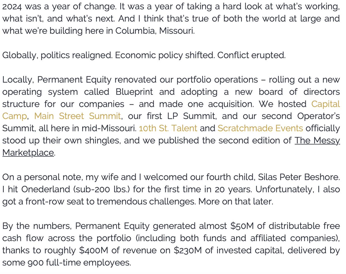 BrentBeshore's tweet image. 2024 @PermanentEquity Annual Letter is live: permanentequity.com/content/2024-a…
1) Renovated our operating system
2) Changed our tune on boards + &lt;51% deals
3) Partnered with Brian's Cabinets
4) Investing in AI for SMBs
5) Discussed lives detonating + my journey from 252 to 185 lbs