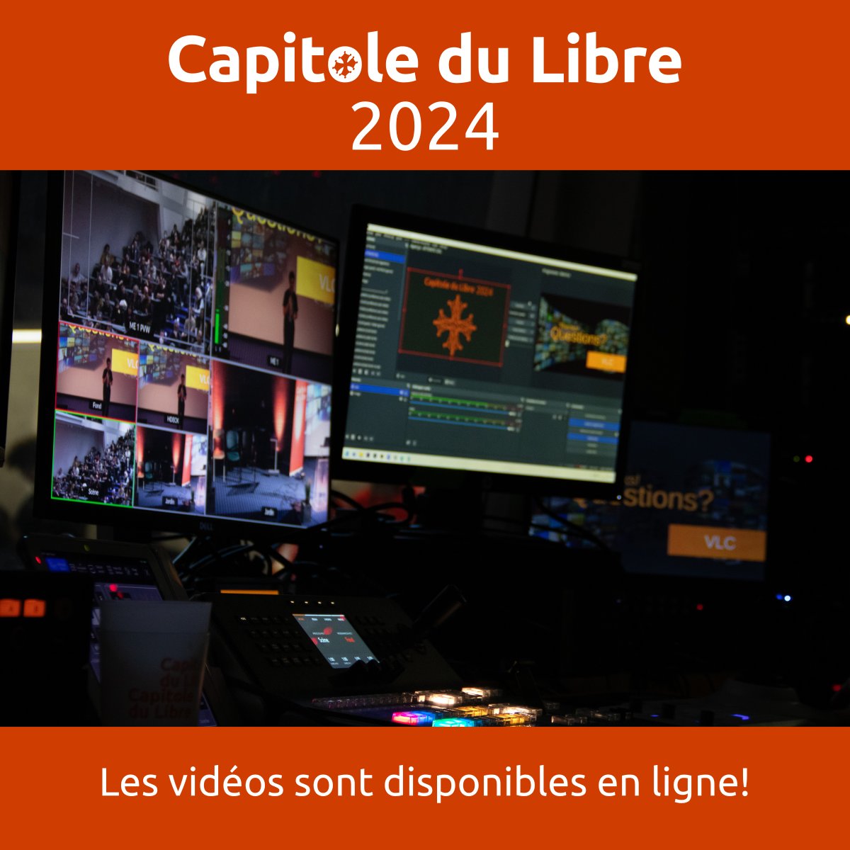 Pour fêter la nouvelle année, les vidéos des conférences du Capitole du Libre 2024 sont désormais disponibles en ligne:
Sur notre chaîne Youtube: youtube.com/@capitoledulib…
Sur notre serveur PeerTube: videos.capitoledulibre.org/c/capitoleduli…

Merci à <a href="/TVn7_N7/">TVn7</a> pour la captation et le montage!