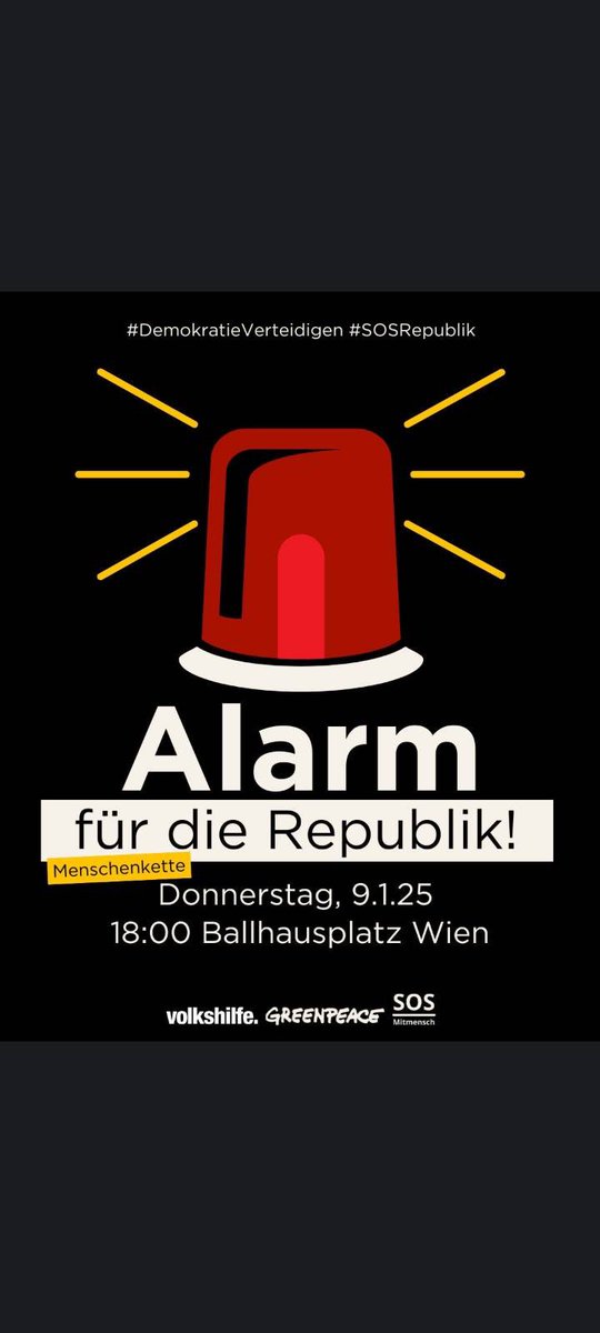 🚨 Alarm für die Republik!
Demokratie in Gefahr: Ein rechtsextremer Kurs bedroht Menschenrechte &amp; sozialen Zusammenhalt. Protest vor dem Bundeskanzleramt – sei dabei &amp; verteidige unsere Demokratie! ✊
📍 09.01.25 | 18Uhr 

#Protest #DemokratieSchützen #KeinRechtsextremismus
