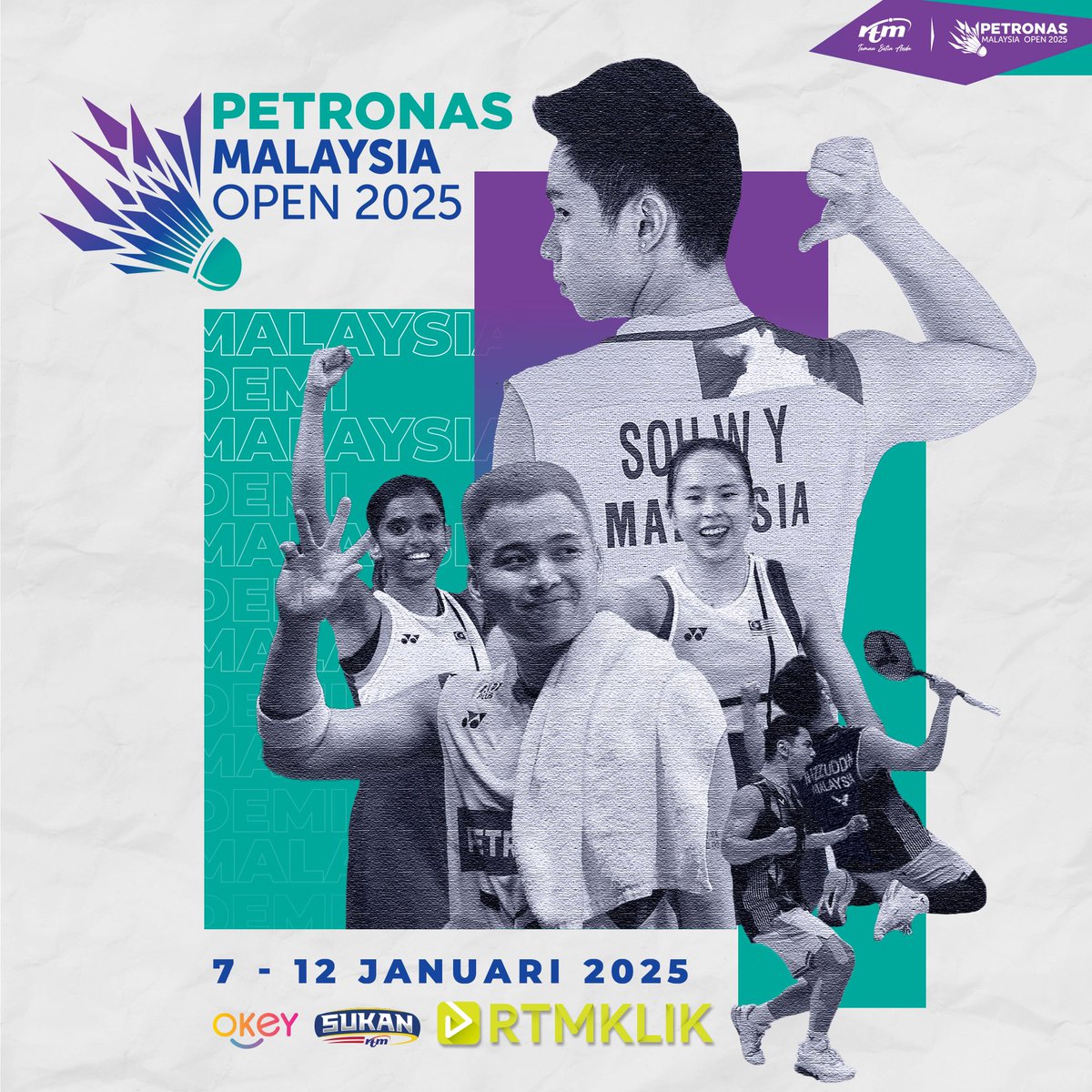 RTM_Malaysia's tweet photo. PETRONAS MALAYSIA OPEN 2025 🏸

📣Jangan cakap min tak bagitahu ya!!😌

Perlawanan akan bersiaran secara langsung pada 7 - 12 Januari 2025! 

Anda boleh tonton perlawanan ini di aplikasi RTMKlik saluran Sukan RTM &amp; @tv_okey 

Hanya di RTM! 😉

#PETRONASMalaysiaOpen2025
#SukanRTM https://t.co/0PS97TFoUv