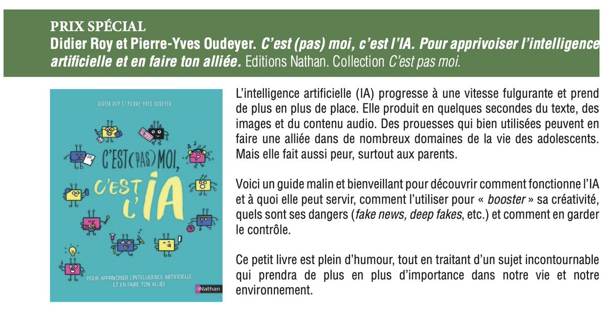 Didier Roy droy.bsky.social (@dphroy) on Twitter photo Chouette, "C'est pas moi c'est l'IA" est lauréat du Prix Spécial 2024 de l'Académie Nationale des Sciences, Arts et Belles-Lettres de Bordeaux ! <a href="/pyoudeyer/">Pierre-Yves Oudeyer</a> <a href="/Inria_Bordeaux/">Centre Inria de l’université de Bordeaux</a> Chouette, "C'est pas moi c'est l'IA" est lauréat du Prix Spécial 2024 de l'Académie Nationale des Sciences, Arts et Belles-Lettres de Bordeaux ! <a href="/pyoudeyer/">Pierre-Yves Oudeyer</a> <a href="/Inria_Bordeaux/">Centre Inria de l’université de Bordeaux</a>