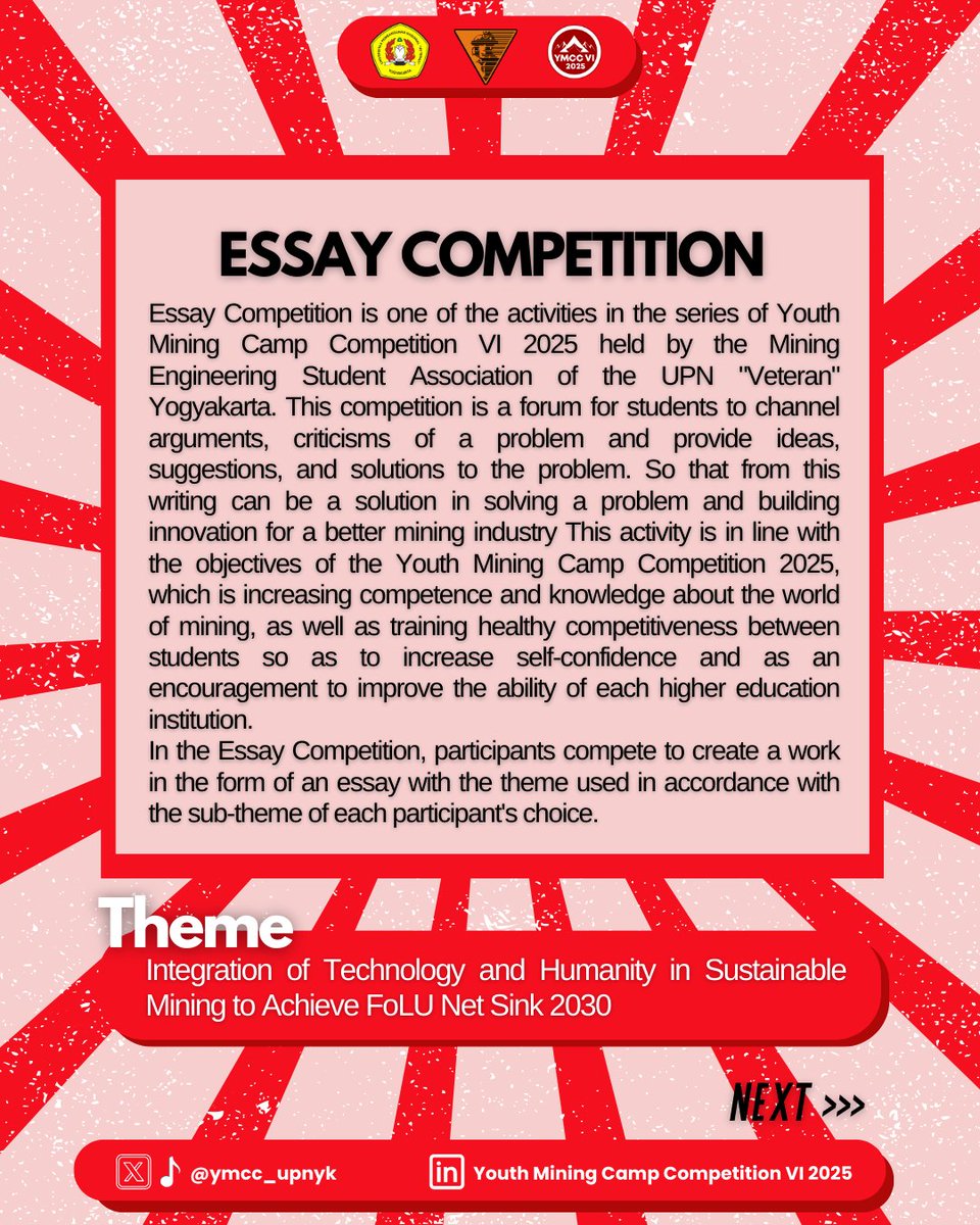 ymcc_upnyk's tweet photo. [ESSAY COMPETITION]

Showcase your creativity and analytical prowess while deepening your understanding of the mining sector.
Seize this opportunity to amplify your voice and influence the trajectory of the industry! Don't miss out and be part of this transformative experience! https://t.co/puOlqPrFFS